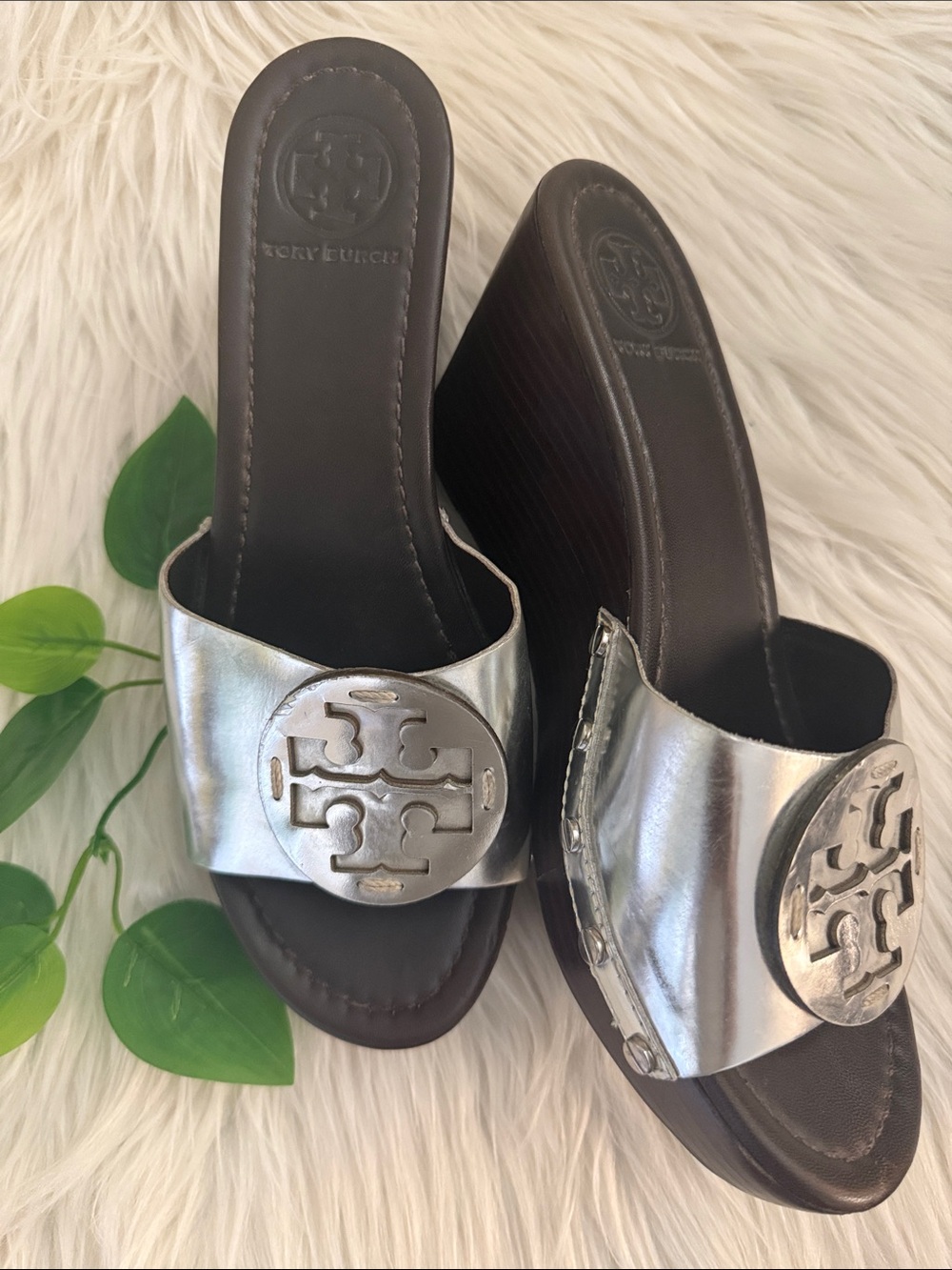 Tory Burch Metallic Silver Slide Wedge Mules